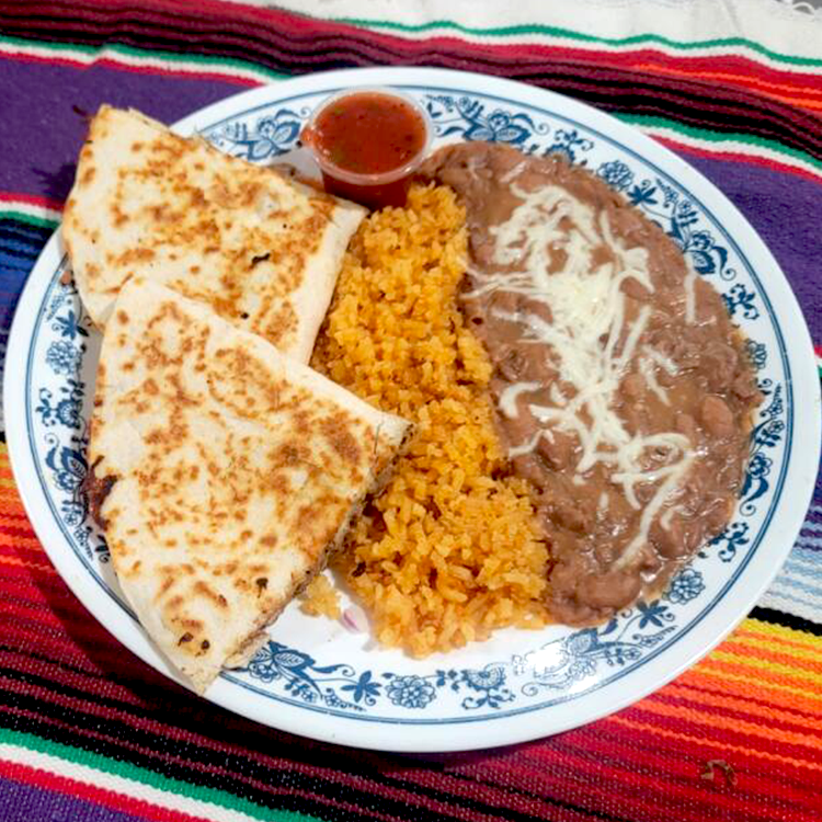 Quesadilla with meat rice and beans